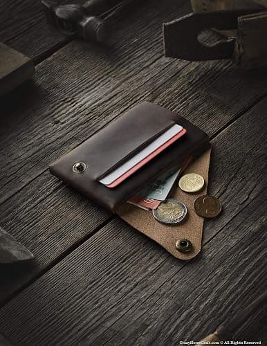 Minimalist leather wallet/card holder | Wood Brown, handmade Crazy Horse type leather wallet/card holder, unique vintage wallet, coin purse, slim wallet, gift for men, for women, Crazy Horse Craft thumbnail 5