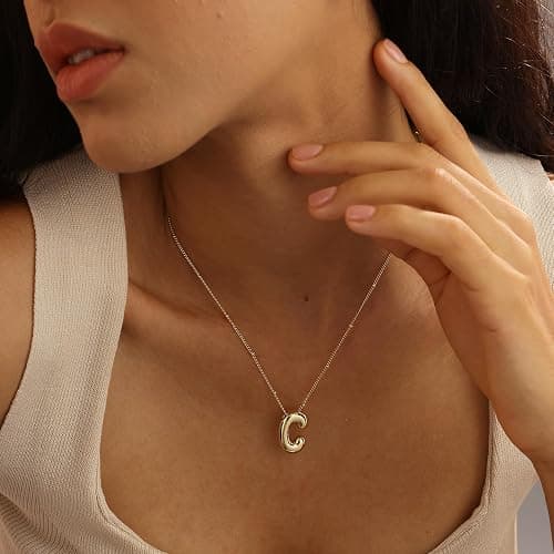 Ewrkbrㅤ Initial Necklaces for Women, 14k Gold Plated Bubble Letter Necklace Chunky Gold Necklace Dainty Charm Initial Necklaces for Women Trendy Custom Preppy Stocking Stuff Necklace Christmas Gifts thumbnail 3