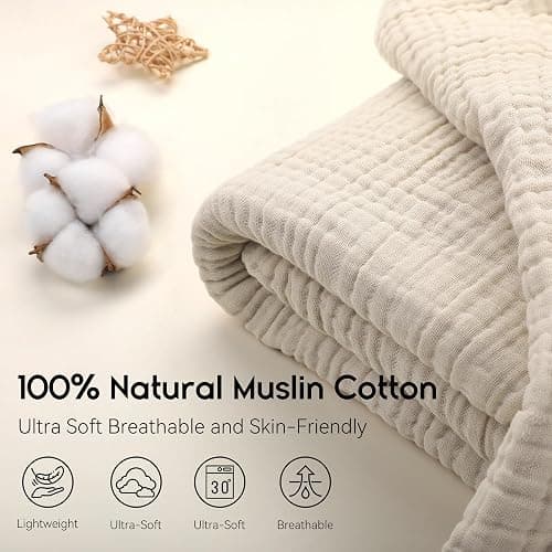 Yoofoss Muslin Blanket 100% Organic Cotton Throw Large 50" x 60" for Bed Couch Summer Gauze Blanket for Adults Lightweight and Breathable Apricot White thumbnail 6