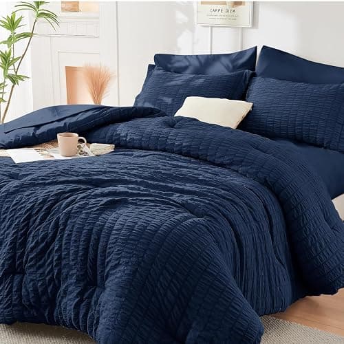 HYMOKEGE Navy Blue Full Size Comforter Sets Seersucker 7 Pieces, All Season Luxury Bed in a Bag for Bedroom, Bedding Set with Comforters, Sheets, Pillowcases & Shams - Image 1