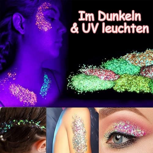 12 Farben Festival Glitzer Gesicht, Fluoreszierender Body Glitter für Gesicht, Nägel, Augen, Haare - Chunky Sequin Glitzerpulver Set für Karneval, Fasching, Halloween, Partys und DIY Handwerk thumbnail 7