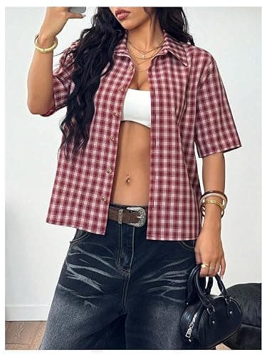 Milumia Women's Y2k Plaid Print Collared Button Shirt Short Sleeve Crop Tops Preppy Clothes Streetwear thumbnail 2