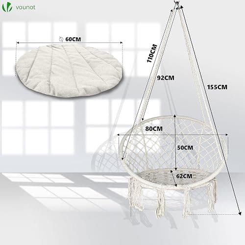 VOUNOT Swing Chair with Round Seat Cushion, Macrame Hammock Hanging Chair for Indoor, Outdoor, Beige thumbnail 3