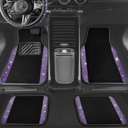 CAR PASS Bling Diamond Leather Steering Wheel Cover 14.5in-15in Floor Mats Shining Rhinestone Carpet Sparkly Glitter Crystal Anti-Slip Pad Fit Automotive SUV Pickup Truck Girl Women, 5pcs Black Purple thumbnail 4