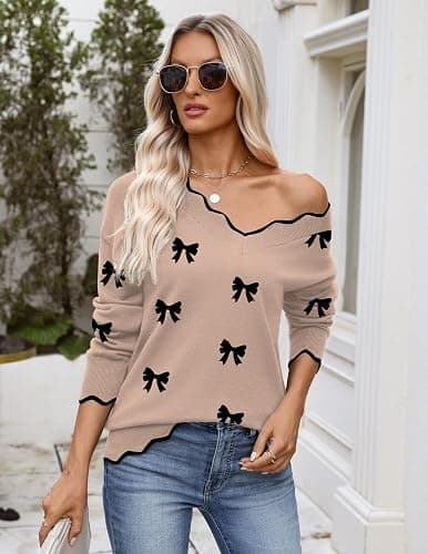 Zeagoo Women's 2025 Fall V Neck Sweater Casual Long Sleeve Lightweight Ribbed Knit Pullover Sweaters Dressy Casual Tops thumbnail 4