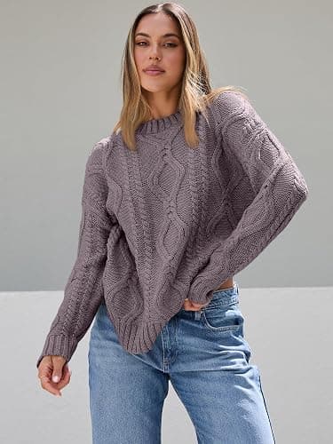 Trendy Queen Women's Oversized Cable Knit Crewneck Sweaters thumbnail 2
