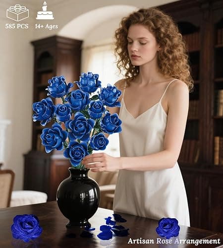 Loyratche Blue Roses Flower Bouquet Building Set, Compatible with Lego Flowers, Artificial Flowers Botanical Collection Gift for Halloween Gothic Retro Home Decor thumbnail 6