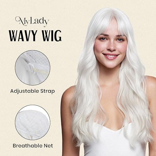 MY-LADY White Wig with Side Side Bangs Long Wavy Cosplay Wig for Women Natural Hair 24 Inch Synthetic Hair for Girls Daily Party Halloween thumbnail 4