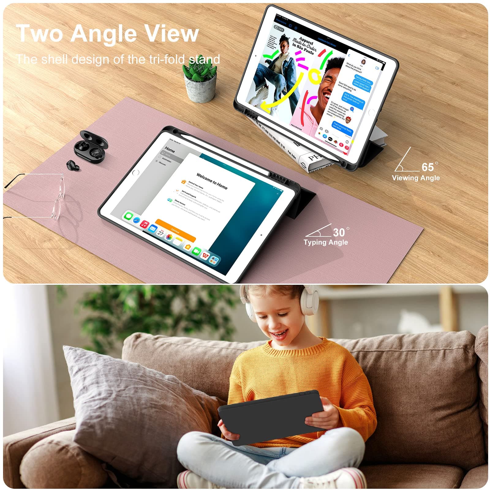 Aoub Case Compatible with iPad 10.2 Inch 2021/2020 iPad 9th/8th Generation & 2019 iPad 7th Generation with Pencil Holder, Protective Case with Soft TPU Back, Auto Sleep/Wake Cover, (Black) - Black thumbnail 5