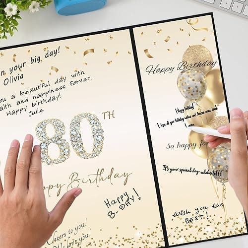 DARUNAXY Black Gold Happy 80th Birthday Alternative Signature Guest Book | 80th Birthday Party Decorations for Men Women Cheers to 80 Years Old Gifts 80 Birthday Signing Card Board Party Supplies thumbnail 5