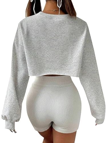 Remidoo Womens Casual Basic Cropped Sweatshirt Fleece Long Sleeve Crop Top Crewneck Drop Shoulder Pullover thumbnail 2