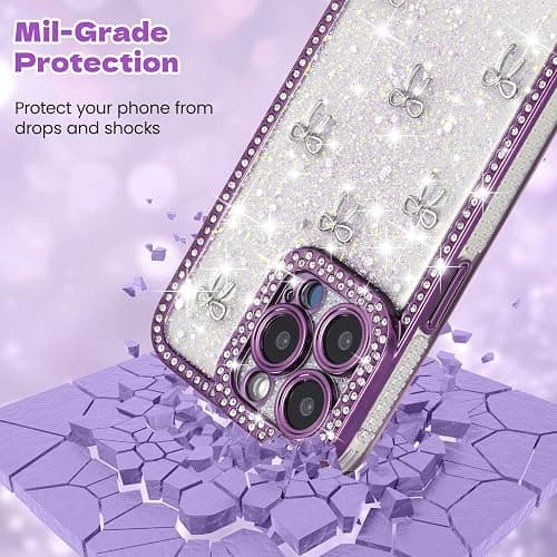 FABSPARK Clear Case for iPhone 16 Plus,Glitter 3D Bow,Purple/Silver Bow | Bling Ribbon | Shiny Sparkly Crystal Diamond Rhinestone Sequin | Transparent for iPhone 16 Plus Case - Purple/Silver Bow thumbnail 5