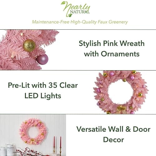 Nearly Natural 24in. Pink Artificial Christmas Wreath with 35 LED Lights and Ornaments thumbnail 5