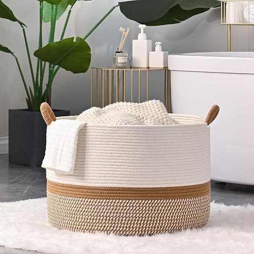 KAKAMAY Large Blanket Basket (20"x13"),Woven Baskets for storage Baby Laundry Hamper, Cotton Rope Blanket Basket for Living Room, Laundry, Nursery, Pillows, Baby Toy chest (White/Brown) thumbnail 9