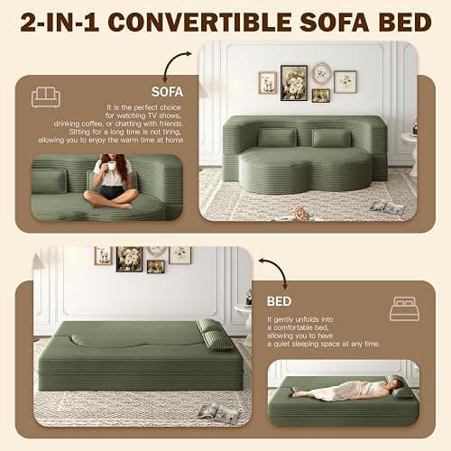 ALAMHI 78" Full Size Floor Sofa, Folding Queen Sleeper Couch, Futon Loveseat Sofa, Plush Corduroy Foam-Filled Sleeper Couch Bed, Fold Mattress Bed for Living Room, Guest Use, Office, Apartment, Green thumbnail 4