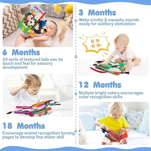 beiens Soft Toys Baby Cloth Books, Touch and Feel Crinkle Books for Babies, Infants & Toddler, Early Development Interactive Car Toys & Stroller Toys for Boys & Girls (Farm Tails-1 Book) - Farm thumbnail 3