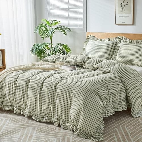 kisswish Gingham Duvet Cover Full Size, 3 Pieces Soft Breathable Microfiber Plaid Comforter Cover with Zipper Closure & 2 Pillow Shams, Ruffle Farmhouse Vintage Decor, Sage Green thumbnail 3