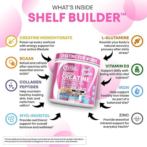 Creatine for Women | Creatine Monohydrate + BCAA Powder Myo-Inositol Collagen Biotin Hyaluronic Acid Folate L Glutamine Vitamin D3 Iron Zinc D-Chiro-Maca Digestion Shelf Builder by Clean Nutra thumbnail 4