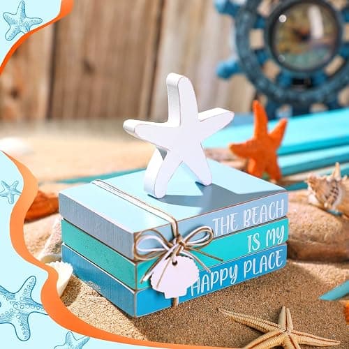 Pinkunn 4 Pcs Beach Tiered Tray Decor Table Centerpiece for Summer Starfish Coastal Rustic Wooden Block Blue and White Beach Nautical Decor Decorative Signs & Plaques for Home Shelf Mantel thumbnail 2