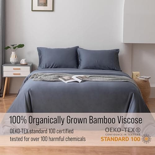 Bella Coterie Luxury Bamboo Viscose Cal King Size Sheet Set | 100% Organically Grown | Ultra Soft | Cooling for Hot Sleepers | 18" Deep Pocket [Slate Blue] thumbnail 4