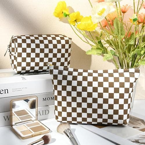 SOIDRAM 2 Pcs Checkered Makeup Bag Large Cosmetic Bag Toiletry Bag Makeup Pouch Travel Bag Organizer Cute Makeup Brushes Aesthetic Accessories Storage Bag for Women Coffee Brown thumbnail 2
