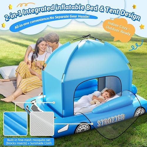 Inflatable Toddler Travel Bed with Tent – Foldable Portable Toddler Bed Cot - Blow Up Kids Air Mattress with Safety Bumper, Pump Carry Bag – Indoor Outdoor Nap Bed for Home, Camping, Hotel (Blue Car) thumbnail 4