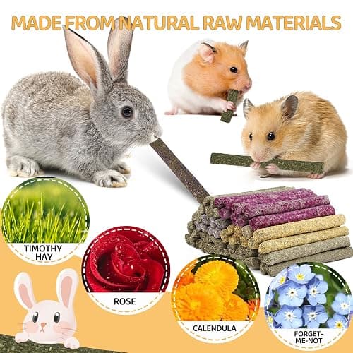52Pcs Rabbit Chew Sticks, Guinea Pig Toys, Natural Timothy Grass Molar Teeth Stick, Mixing Flowers, Roses, Calendula and Forget Me Not, Small Animals Treats thumbnail 4