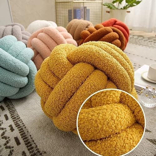 Bigougem Knot Ball Pillow, Knotted Ball Throw Pillow Ultra Soft Companionship Decorative Hand-woven Knotted Ball Lamb Velvet Sofa Cushion, Knot Cushion, Sofa Pillow Beige thumbnail 5
