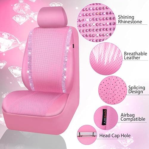 CAR PASS Bling Diamond Car Seat Covers, Shining Rhinestone Waterproof Faux Leather Pink Car Accessories Two Front Only Universal Fit Auto Glitter Crystal Sparkle Strips for Cute Women Girl, Pink thumbnail 5