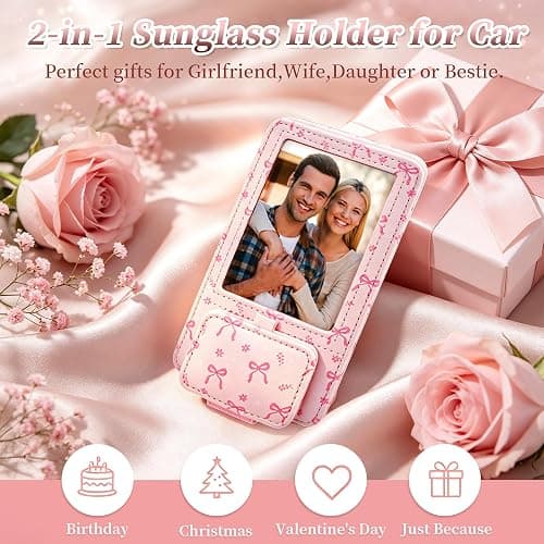 Calafu Sunglass Holder for Car, 2 in 1 Sunglass Visor Clip with Photo Frame | Leather Cloth, Magnetic Interior Car Accessories, Holds Paper Tickets, Universal Visor Fit, Custom Photo Slot, Pink thumbnail 4