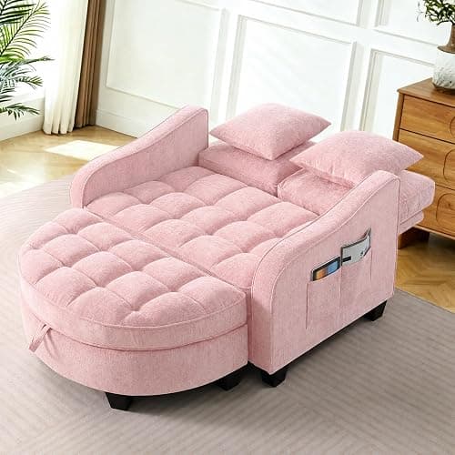 Chaise Lounge Chair Indoor with Storage Ottoman, Comfy Chenille Tufted Loveseat Sofa Chair with Adjustable Backrest, Upholstered Lounge Sofa Chairs with 2 Pillows & Side Pockets for Living Room, Pink thumbnail 9