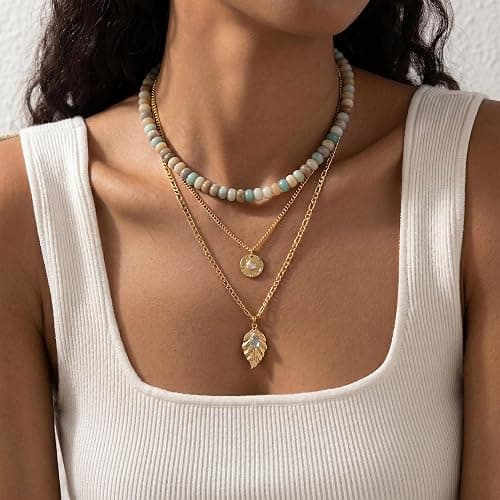 ROISE LADY Beaded Natural Stone Necklaces for Women Choker Gemstone Bead Summer Beach Jewelry Necklace thumbnail 2