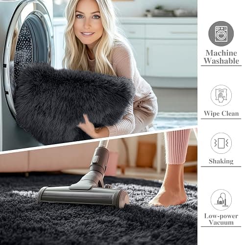 OLANLY Area Rugs for Living Room Bedroom, Machine Washable 4x5.9 ft Soft Fluffy Shaggy Bedside Rug, Indoor Floor Carpet for Kids Girls and Boys, Dorms, Nursery Rooms, Home Decor Aesthetic, Black thumbnail 2