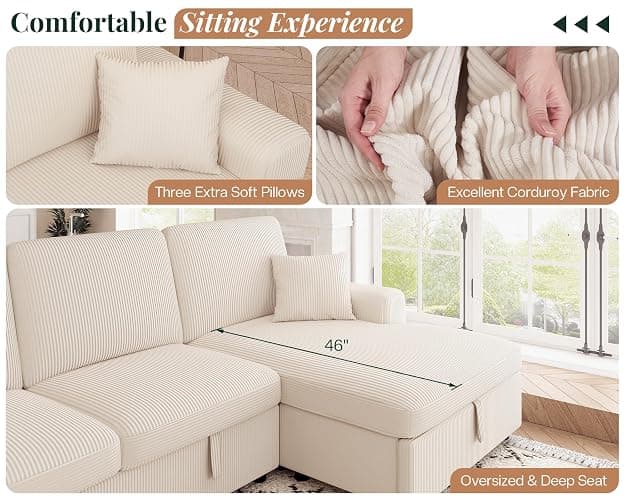 Jocisland Oversized Sofa Bed, 130" Sleeper Sofa, Pull Out Sleeper Couch with Storage, Convertible 6-Seater Sofa Bed for Living Room, Corduroy Beige Couch thumbnail 6