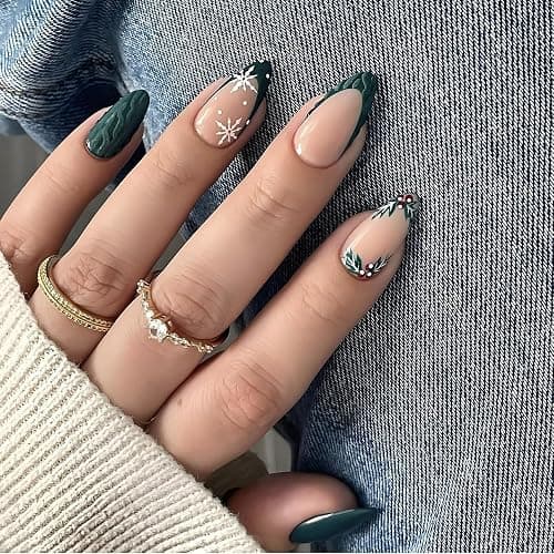 LPOODDNU Christmas Press on Nails Almond - Green French Tip Medium Fake Nails with Snowflake Designs, Glossy Finished Reusable False Nails with Adhesive Glue Tabs - 24Pcs Nail Kit for Women Manicure - Image 1