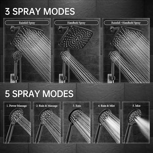 Veken 11.8 Inch Rain Shower Head with Handheld- High Pressure Dual Shower Heads with 5 Modes Handheld Spray Combo- Wide Rainfall Showerhead with Hose, Bathroom Accessories, Matte Black thumbnail 4