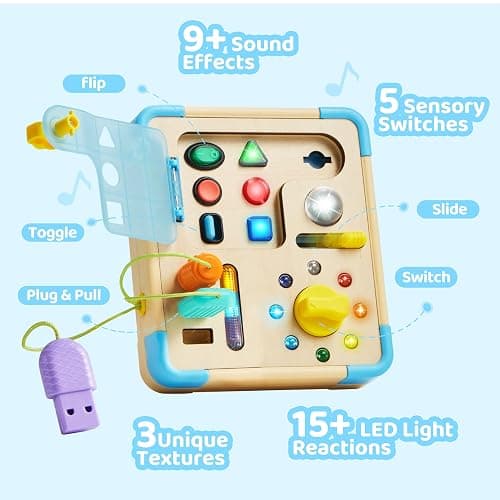 lalalark Electronic Busy Board – Montessori Learning Toddler Toy, 15 Lights & 9 Sounds, 5 Switches & Plugs, Sensory, Fidget, Travel Activities, Early Development, Christmas Baby Gifts Toys Age 18M+ thumbnail 4