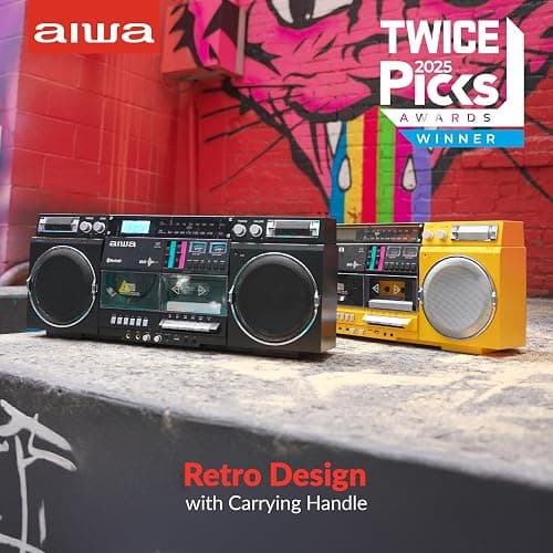 aiwa Retro Boombox BackTrack CD Player with Cassette Recording, Bluetooth 5.0, FM/AM Radio, USB/SD/AUX Inputs, VU Meters, LCD Display, Dual 40W Speakers (Black and Gold) thumbnail 7