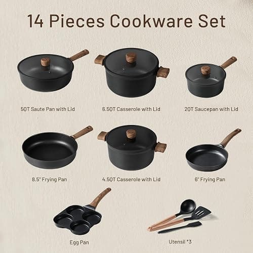 CAROTE Nonstick Cookware Sets, Pots and Pans Set Non Stick 14pcs, Titanium Induction Cooking Sets with Stay-Cool Handle, Black - Black - 14 PCS thumbnail 3