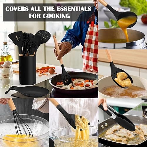 E-far Black Kitchen Utensils Set with Holder, 25-Piece Silicone Cooking Utensil Set with Wooden Handle for Nonstick Cookware, 446°F Heat Resistant Kitchen Tool Spatula Tongs Whisk, Non-toxic & Healthy thumbnail 5