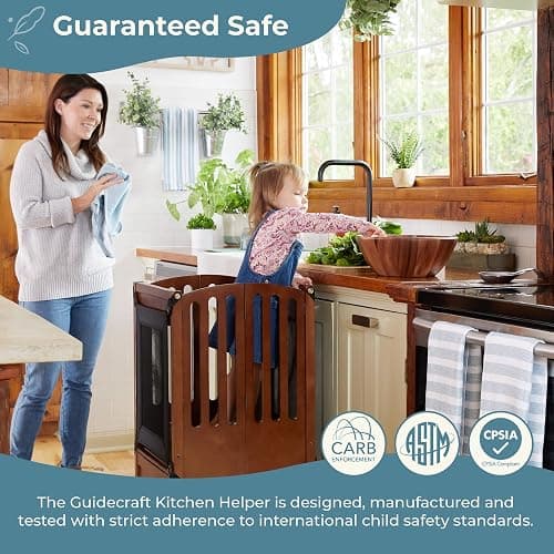 Guidecraft Kitchen Helper® Toddler Tower Step Stool - Contemporary - Natural: Folding Adjustable Height Montessori Wooden Learning Furniture with Keepers thumbnail 3