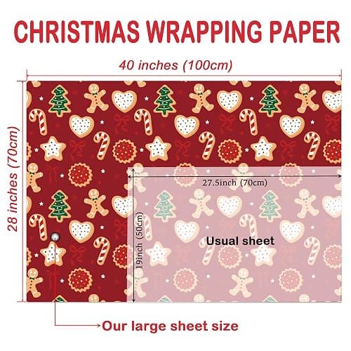 WRAPLULU Red Christmas Wrapping Paper - 4 Jumbo Sheets, 28 * 40 Inches - Cookie Xmas Gift Wrapping Paper, Perfect for Kids Adults Christmas' Gift and Winter thumbnail 6