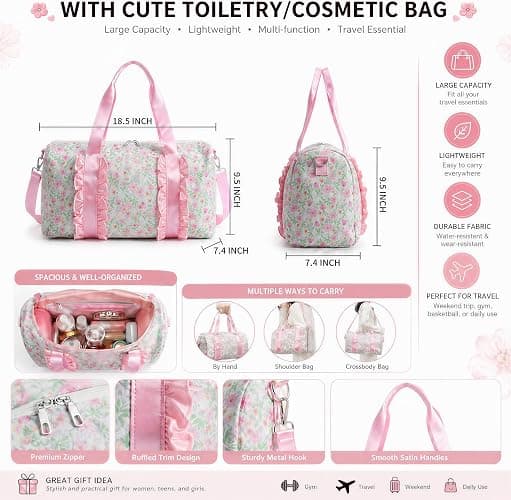 Personalized Custom Embroidered Ruffle Duffle Bag for Teen Girls | Custom name embroidery, cute ruffle trim, large duffle bag for sleepovers, school, trips. Lightweight 0.8lb, water-resistant thumbnail 7
