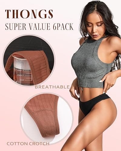 FINETOO Cotton Thongs for Women Soft Low Rise Sexy Thong Ladies Panties Womens Underwear 6 Pack XS-XXXL thumbnail 4