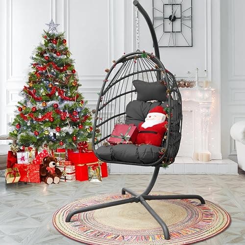 NICESOUL Egg Chair Indoor Outdoor, Patio Wicker Egg Swing Chair with Stand, Comfy Padded Cushion Hanging Basket Chair, 350lbs Capacity Birthday Gift Hammock Chair for Outside Backyard Bedroom, Gray - Dark Gray thumbnail 8