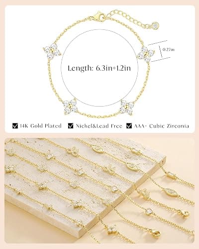 FUNEIA Dainty Silver Gold Bracelets for Women Trendy Non Tarnish 14K Gold Plated Waterproof Diamond Bracelets Cute Stackable Heart Butterfly Clover Cross Evil Eye Charm Bracelet Stack Jewelry Gifts thumbnail 6