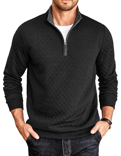 COOFANDY Mens Quarter Zip Pullover Mock Neck Quilted Sweatshirt Casual Long Sleeve Polo Sweater - Image 1