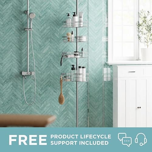 Zenna Home Tension Pole Shower Caddy, Adjustable Corner Shower Storage System with 4 L-shaped Baskets and Hooks, Rust-Resistant Bathroom Organization Solution, 60 to 97 Inch, Satin Nickel - Satin Nickel thumbnail 2