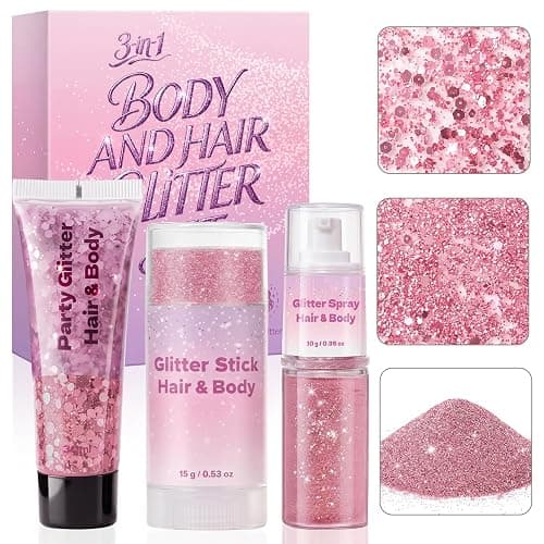3-in-1 Body Face Hair Glitter Set, Pink Glitter Gel & Glitter Stick & Glitter Spray, Waterproof Women Makeup for Halloween Concert Festival Rave Accessories - Image 1