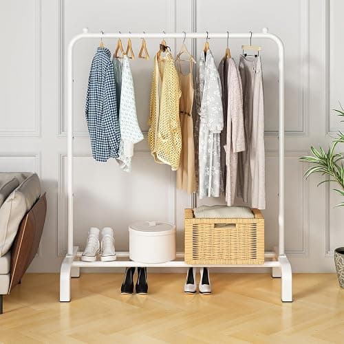 UDEAR Clothing Rack Portable Single Rod Garment Rack Multi-Functional Hanger for Bedroom,White | Clothing Rack Portable for Bedroom，Including Anti-slip Beads on both Ends of The Hanging Rod thumbnail 5